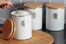 Stainless steel metal canisters for tea, coffee, sugar in copper & white. Typhoon Arctic Set Of Tea Coffee Sugar Container With Lid White