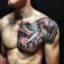 Archangel Michael Chest Tattoo Colored Angel Chest Tattoo Chest Tattoo Men Cool Shoulder Tattoos Chest Tattoos For Women