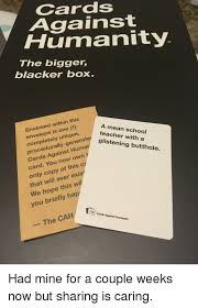 Its title refers to the phrase crimes against humanity, reflecting its polit. Cards Against Humanity The Bigger Blacker Box D I Ne Teacher With A Clos Ne I5 O Iaueglistening Butthole Within This A Mean School Completely Unique Procedurally Generater Lea Cards Against Hu Card