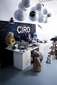 Star Wars Themed Birthday Party Side View Of Entire Dessert Table Star Wars Themed Birthday Party Halloween Party Themes Star Wars Party
