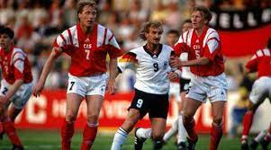 Cis Russia 1 Germany 1 In 1992 In Norrkoping Rudi Voller Is Closely Marked At A Corner In Group 2 Of The Euro Championship European Championships Norrkoping