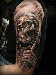 Grim Reaper Tattoo Black And Grey Sleeve Detailed Realistic Skull Sleeve Tattoos Skull Tattoo Design Skull Tattoo