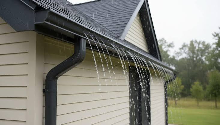 Newly installed seamless gutter and downspout on a home exterior