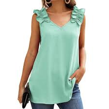 Angelbee Women Vest Solid Color Sleeveless V Neck Ruffle Strap Tank Top Green M Walmart Com