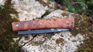 Couteau Pliant Pompe Arriere San Mai Et Manche En Loupe De Thuya Du Maroc Knife Functional Art Santoku Knife