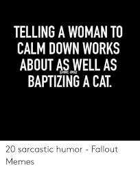 Telling A Woman To Calm Down Works About As Well As Baptizing A Cat Rebel Orus 20 Sarcastic Humor Fallout Memes Meme On Me Me