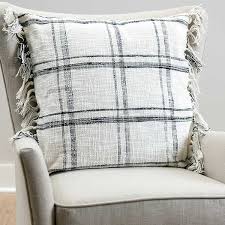 Woven blue and dark grey decorative pillow with tassels. Black And White Open Plaid Tassel Pillow 22 In Kirklands