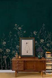 Beautiful Scene Wallpaper Design Of Long Tailed Birds Perching On Trailing Branches Of Wil Green Wallpaper Bedroom Wallpaper Living Room Green Floral Wallpaper