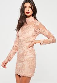 Missguided Pink High Neck Long Sleeve Embroidered Lace Bodycon Dress