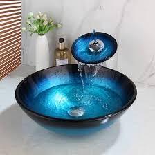 Amazon.com: MEKKHALA Lavabo de vidrio templado para baño, lavabo redondo  negro y azul, mezclador de cascada, grifos de latón cromado, combo de  drenaje emergente con mangueras de agua fría y caliente :