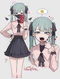 tanosii chan, hatsune miku, vampire (vocaloid), vocaloid, highres, 1girl,  fangs, phone, solo, tongue, tongue out 