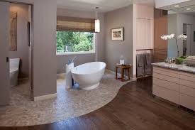 Badezimmer Gestaltung Ideen Fussboden Holz Stein Geschwungen Freistehende Wanne Badezimmerboden Zeitgenossische Badezimmer Badezimmerboden Ideen