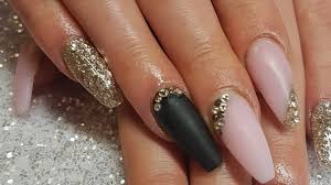 A set of 20 hand painted matte or glossy black fake nails. Black Gold And Pink Nails Nail And Manicure Trends