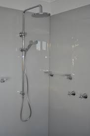 Acrylic Shower Splashback Walls Painted In A Soft Grey Colour Installed By Ozziesplash Acrylic Shower Walls Bathroom Shower Panels Bathroom Wall Panels