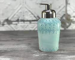7.75'' h x 3.25'' w x 3.25'' d. Foam Soap Dispenser Aquamarine Soap Dispenser Porcelain Foaming Soap Dispenser Inlaid Pattern Aquamarine Bathroom Decor Brushed Nickel Pump Foam Soap Dispenser Foam Soap Soap Dispenser