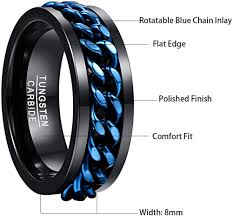 While men's tungsten wedding bands are very strong, they are also extremely lightweight and comfortable. 2020 Jqueen Men S 8mm Tungsten Carbide Ring Black Tungsten Steel Ring With Blue Rotatable Chain Inlaid Comfort Fit Size 6 12 Engagement Rings Aliexpress