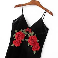 Discover all the details at the official store and shop online: Red Flower Embroidered Black Velvet Shoulder Straps Bodycon Dress Uniqistic Com