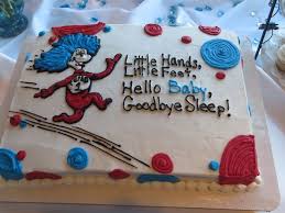 Cat In The Hat Dr Seuss Inspired Cake In White And Blue Red And Brown Baby Shower Sheet Cakes Wi Seuss Baby Shower Suess Baby Shower Dr Seuss Baby Shower