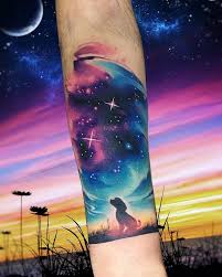 Nothing would look better than this dreamy body art. Watercolor Tattoo For Men By The Urbanist Lab Uniquedogtattoos Sky Tattoos Galaxy Tattoo Night Sky Tattoos