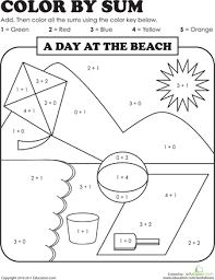 This worksheet is suitable for preschool and 1st year students. Color By Sum Beach Day Worksheet Education Com Fun Math Worksheets Fun Math Beach Day