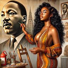 In the warm, inviting light of her Chicago studio, a digital airbrushed  illustration depicts a beautiful African American artist creating a mural  of Dr. Martin Luther King Jr. She is dressed in