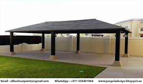 Stained cedar wood pergola attached to the house, adds value and style to any backyard. Car Parking Wooden Pergola Elegant Wooden Pergola Barbecue Pergola Balcony Attached Wooden Pergola Creative Pergola Wooden Shades Walk Way Shades Wooden Pergola Luxury Pergola Modern Pergola