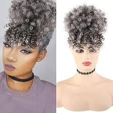 Amazon.com : LEOSA Short Afro Puff Drawstring Ponytail Bun with Bangs  Synthetic Short Kinky Curly Ponytail Updo Hair Extensions with Two Clips  Natural looking Curly Women Hairpieces (1B/GREY) : Beauty & Personal