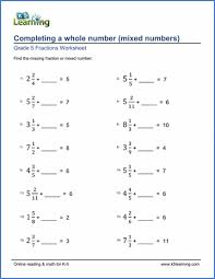 An online whole number definition. Grade 5 Fractions Worksheets Completing Whole Numbers K5 Learning