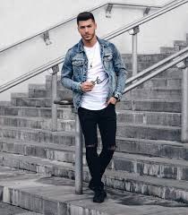 Black And Blue Denim Jacket Blue Denim Jacket White Tee Black Ripped Jeans Black Shoes Denim Outfit Men Denim Jacket Men How To Wear Denim Jacket