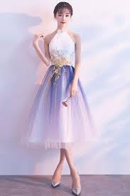 Simple Tulle White And Blue Ankle Length Halter Backless Sleeveless Graduation Dresses On Sale Ombreprom Uk