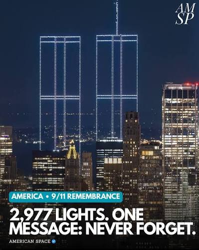 A nighttime drone show illuminated the New York City skyline with the outlines of the former World Trade Center Twin Towers, honoring those killed in the September 11, 2001 terrorist attacks. The