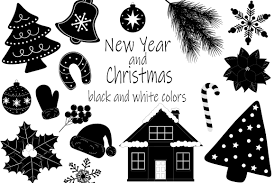 Set New Year And Christmas Black And White Colors Vector 786825 Illustrations Design Bundles In 2020 Black And White Colour Color Vector Work Diy