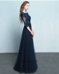 Full Length 3 4 Long Sleeves Navy Blue Tulle And Lace Prom Dress Lace Evening Dresses Maxi Dress Evening Evening Dresses With Sleeves