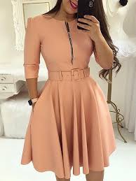 Solid Zipper Up Belted Pleated Casual Dress Fashion Casual Dress Cute Dresses