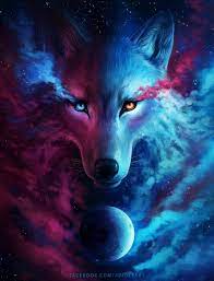 It has a red star on its forehead and red markings on the sides of its face. Where Light And Darkness Meet Video Process Galaxy Painting Fantasy Wolf Wolf Wallpaper