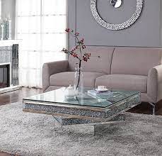 This drum table features a sleek and unique style with its square top, triangular base, and acrylic inserts. Acme Noralie Coffee Table In Mirrored Faux Diamonds Walmart Com Walmart Com