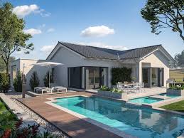 Kleines Singlehaus Mit Pool Fertighaus Bungalow Bungalow Haus Design Moderne Hausfassaden