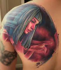 Created using illustrator, this artwork takes one of the promotional photos adding a unique poly twist. Joi Blade Runner 2049 By Gina Fote Ever After Gallery Spring Hill Fl Cyberpunk Tattoo Cool Tattoos Runner Tattoo