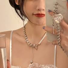 Collar de perlas de costura de amor rosa, cadena de clavícula de perlas  Retro de Hip Hop, collar de moda para damas, regalo de viento frío