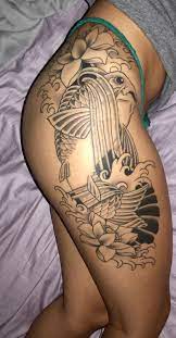 Japanese Koi Fish Black And White Thigh Tattoo Thigh Tattoo Tattoos Koi Fish Tattoo
