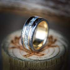Gold Lined Damascus Ring With Gold Elk Tooth Inlays Available In 14k White Rose Or Yellow Gold Titanium Wedding Rings Custom Mens Wedding Rings Custom Wedding Rings