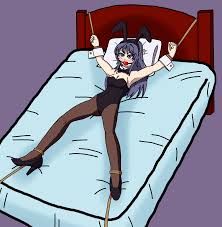 sakurajima mai, seishun buta yarou, absurdres, highres, 1girl, animal ears,  ball gag, bdsm, bed, black eyes, black hair, black leotard, black  pantyhose, blush, bondage, bound, bow, bowtie, breasts, detached collar,  fake animal
