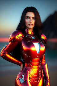 Lexica - Sexy girl in iron man costume, taking selfies, long black hair,  cartoon style. Sunny beach background. actan render 8k