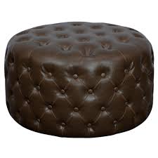 Lulu Round Bonded Leather Tufted Ottoman Vintage Dark Brown Boulevard Urban Living