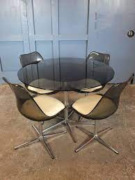Mid Century Vintage 1960s 70s Chrome And Glass Dining Table And Four Swivel Tulip Chairs Glass Dining Table Swivel Dining Chairs Mid Century Dining Set