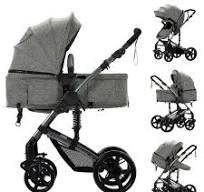 Baby Stroller High Landscape Pram & Lightweight Pushchair Travel Systems  with Reversible Bassinet for Newborns and Toddlers,Unisex(GREY)