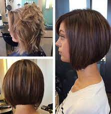 Micro bangs are funky and playful. Before And After From Highlighted To Deep Chocolate Brown And Angled Bob Wella Color Hair Styles Bob Haircut For Fine Hair Chin Length Hair