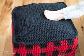 3ch (counts as 1tr), 4tr, remove hook and insert into top of 3ch and loop from the last tr, yoh, draw through both loops on hook, 1ch. Crochet Plaid Floor Pouf Free Crochet Pattern Whistle And Ivy
