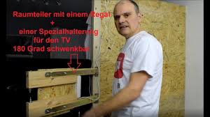 Zusätzlich realisiere ich eine tv halterung, die man um 180 grad. Raumteiler Mit Einem Regal Bauen Selbst Gebaute Tv Halterung Fur 180 Grad Youtube