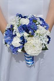 If you're planning a fall wedding, put this bussey's arrangement on your radar. Amazon Com Royal Blue Hydrangea White Peony Bridal Wedding Bouquet Home Kitchen